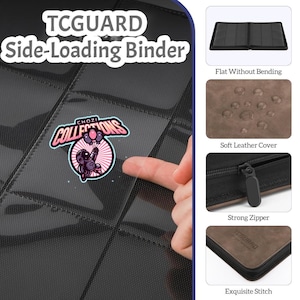 May include: Black side-loading binder with the text "TCGUARD" and "Side-Loading Binder". The binder has a "CHOZI COLLECTIONS" sticker. Features include a soft leather cover, strong zipper, and exquisite stitching.