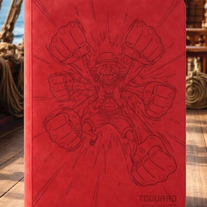 May include: A rectangular red card binder featuring a black line art illustration of a character with a straw hat and multiple fists. The bottom right corner displays the text TCGUARD and the phrase guard your trading cards in black ink.