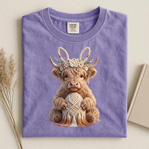 Highland Cow Macrame PNG | Boho Floral Easter Sublimation Graphic (Digital Download)