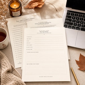 May include: A set of three off-white paper sheets titled Tea and Small Crimes, featuring printed checklists and lined sections for case notes. The pages include headers such as The Case Notes, Where to Find Every Reading, Free, and numbered lists.
