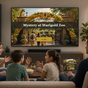 May include: A large television screen displays a game titled Mystery at Marigold Zoo featuring a golden balloon arch over a zoo entrance. The screen shows a start button and text. The scene is viewed by a family sitting on a couch in a living room.