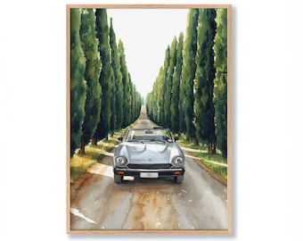 Fiat 124 Spider Art Print, Italian Car, Watercolor Automotive Illustration