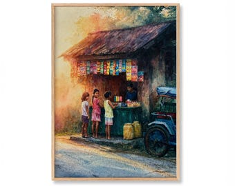 Sari Sari Store Watercolor Print | Philippine Barangay Street Scene | Filipino Children Popsicle Vendor Art