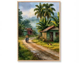 Dominican Republic Watercolor Print | Campo Village Road Art | Caribbean Rural Scene Travel Decor