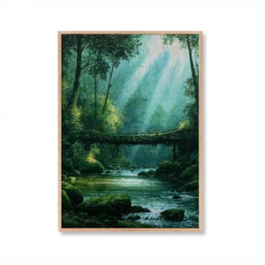 May include: A vertical rectangular wall art print featuring a lush green forest scene with a moss-covered fallen tree trunk spanning a flowing river. Sunlight filters through the dense canopy, creating bright rays above the water and rocks.