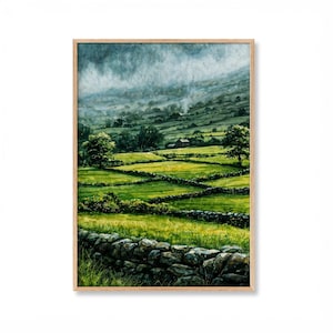 May include: A vertical landscape painting featuring a foreground of stacked grey stone walls bordering vibrant green fields. The mid-ground shows rolling hills with more stone walls and trees, leading to a distant, misty, dark grey storm-filled sky.