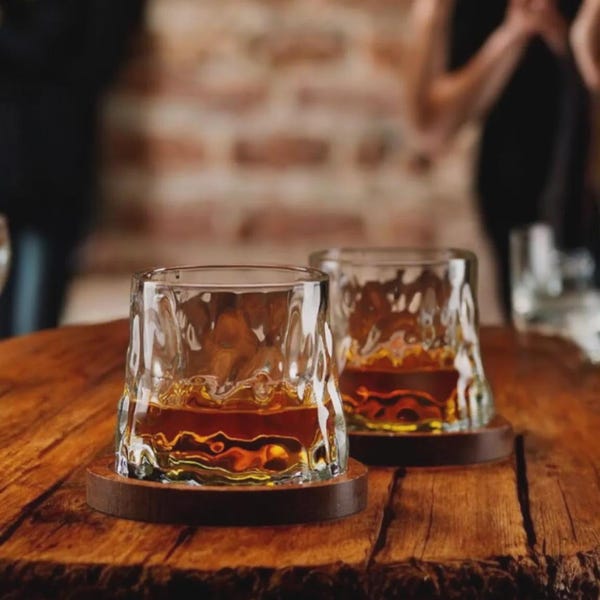Rotating Whiskey Glasses Set with Wood Coasters, Bourbon Tumblers Barware Gift For Him