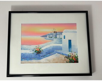 Original Ölgemälde Ölgemälde griechische Insel Sonnenuntergang signiert gerahmt Windmühle Landschaft