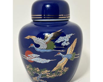 Vintage Kobalt Blau Porzellan Ingwer Glas fliegende Kraniche Kiefer Gold Zier Deckel