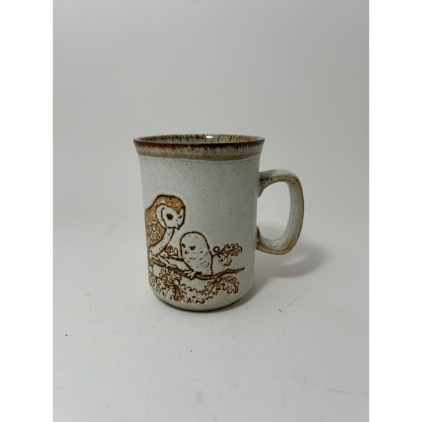 Dunoon Ceramics Scotland Stoneware Owl Oak Leaf Relief Mug Brown Cream Vintage
