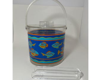 Vintage Acrylic Tropical Fish Ice Bucket with Lid and Tongs Blue Coastal Barware