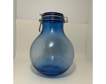 Grandma's All Purpose Storage Blue Glass Jar Wire Bail Flip Top Lid 9.5in
