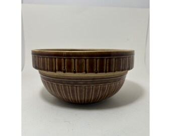 Vintage USA Pottery 8 Inch Brown Ribbed Stoneware Mixing Bowl Farmhouse Style