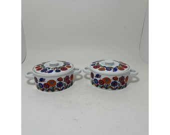 Vintage Japan Mini Casserole Dish Set 2 Floral Butterfly Ceramic Lidded Bowls