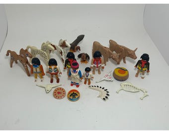 Vintage Playmobil Native American Indian Figure Lot Pferde Bison Zubehör