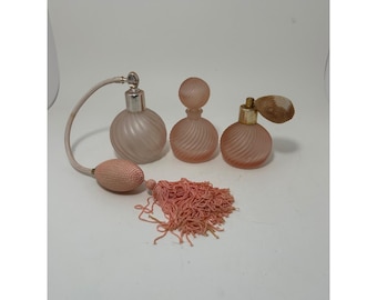 Vintage Pink Frosted Swirl Glass Perfume Bottle Set of 3 Atomizer Austria