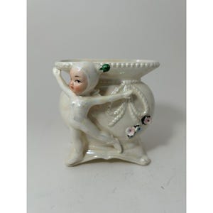 Vintage Pixie Elf Lusterware Ceramic Planter Hand Painted Japan Iridescent White