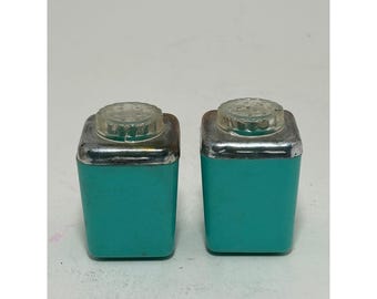 Vintage Türkis Petrol Salz und Pfefferstreuer Chrom Aufsatz Mid Century Retro 2tlg