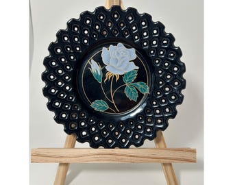 Piatto reticolato in porcellana giapponese d'epoca, nero, blu, oro rosa, dorato, Giappone