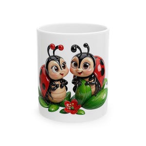 Glossy Ladybug Couple Art, Porcelain Insect Figurine Design, Cute Valentine Bug Lover Gift, Shiny Resin Garden Graphic Decor