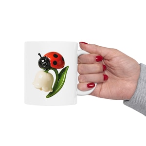 Ladybug And Lily Of The Valley Good Luck Mug, 3D, May Day Gift For Nature Lovers l Ceramic Coffee Cup