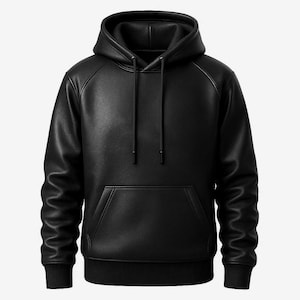 Pode incluir: Um moletom preto de couro sintético com capuz com cordão e bolso canguru. O moletom de manga comprida tem punhos e bainha canelados. O material parece ser couro sintético.