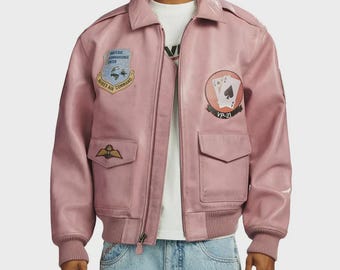 Avirex A2 Pink Leather Flight Jacket Men Vintage Military Pilot Bomber Coat Retro Aviator Air Force Streetwear Genuine Leather