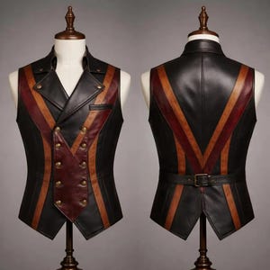 Pode incluir: Um colete de couro preto com frente cruzada, listras marrons e bordô. O colete tem botões dourados e um pequeno bolso. A parte de trás do colete tem um cinto com fivela.