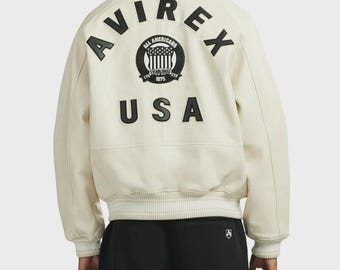 Avirex Icon Tofu Cream Genuine Leather Bomber Jacket American Style Flight Coat Genuine Real Leather Varsity Jacket Patch Handmade Coat