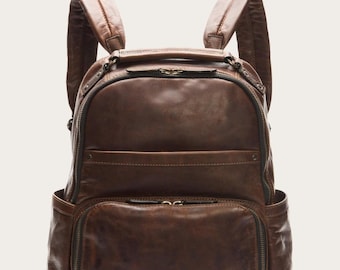 Mochila Frye de piel auténtica hecha a mano, modelo Logan, talla única color coñac, mochila escolar de piel color marrón chocolate, bolsa de viaje para portátil.