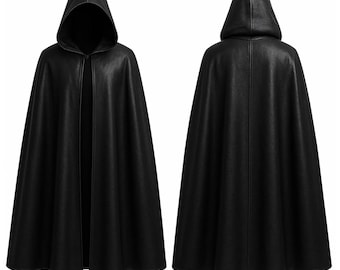 Capa de cuero con capucha negra hecha a mano para hombre, capa medieval gótica para cosplay, LARP, feria renacentista y disfraz de Halloween, capa de cuero gótica
