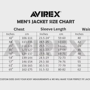 May include: A size chart for AVIREX men's jackets, displaying chest, sleeve length, and waist measurements in inches and centimeters. Sizes range from XS to 5XL. The chart includes a note about custom sizes.