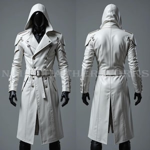 May include: A white hooded trench coat with a double-breasted design, belt, and zipper details. The coat features shoulder accents and is displayed on a mannequin. The coat is made of a leather-like material.