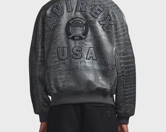 Men's Avirex Limited Edition Distressed Croc Icon Gray Leather Jacket Bomber Coat Genuine Real Leather Varsity Jacket Patch Handmade Coat
