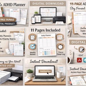 Op de afbeelding: Een digitale ADHD-plannerbundel met 11 pagina's, inclusief dagelijkse en wekelijkse planners, een brain dump, habit tracker en tools voor het stellen van doelen. De afbeelding toont een laptop, printer en andere digitale apparaten.