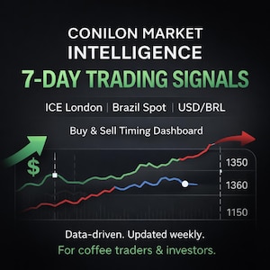 Könnte beinhalten: Grafik mit dunklem Hintergrund mit dem Text "CONILON MARKET INTELLIGENCE" und "7-DAY TRADING SIGNALS". Ein Diagramm zeigt grüne, rote und blaue Linien mit einem Dollarzeichen und einem grünen Pfeil nach oben. Text enthält "ICE London", "Brazil Spot" und "USD/BRL".