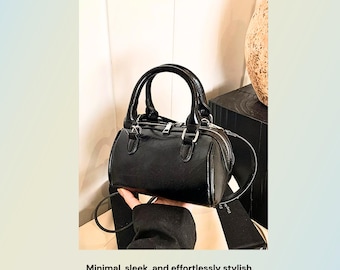 Mini Cylinder Shoulder Bag | Black Leather Purse | Trendy Everyday Handbag | Minimal Chic Crossbody Purse