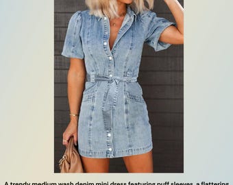 Puff Sleeve Denim Mini Dress | Button Up Jean Dress | Casual Soft Life Outfit | Trendy Boutique Dress for Women