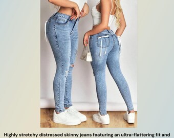 Distressed Bow Back Skinny Jeans | Cute Y2K Denim Jeans for Women | Stretch Skinny Jeans | Trendy Casual Streetwear Denim | Bow Detail Jeans