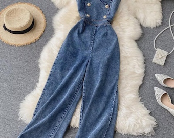 Halter Neck Denim Jumpsuit Women | Wide Leg Jean Jumpsuit | Casual Chic Outfit | Vacation Outfit