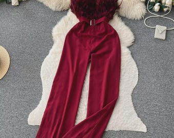 Feather Trim Strapless Wide Leg Jumpsuit | Glam Birthday Outfit | Elegant One Piece Pantsuit | Women’s Boutique Fashion