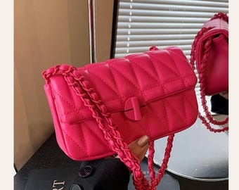 Hot Pink Quilted Chain Strap Crossbody Bag | Y2K Shoulder Purse | Trendy Mini Handbag | Barbiecore Fashion Bag | Girls Night Out Purse