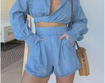 Women Denim Two Piece Set Crop Top Shorts Outfit Matching Set Summer Vacation Outfit Trendy Jean Set Plus Size