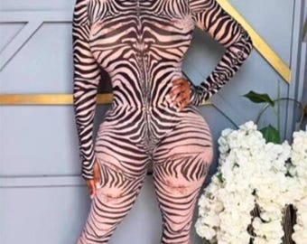 Zebra Print Long Sleeve Bodycon Jumpsuit | Statement Clubwear One Piece Outfit