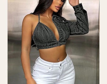 One Shoulder Denim Crop Top | Sexy Long Sleeve Going Out Top | Y2K Club Outfit Top | Concert Nightlife Fashion | Trendy Women’s Top