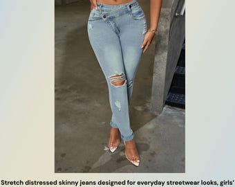 Distressed Skinny Jeans for Women | Ripped Light Wash Denim Jeans | Trendy Stretch Skinny Jeans | Casual Streetwear Denim | Y2K Jeans