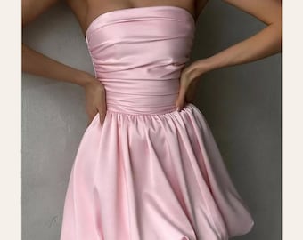 Blush Pink Bubble Mini Dress | Strapless Ruched Dress | Birthday Dinner Outfit | Vacation Mini Dress | Feminine Summer Dress