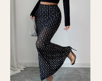 Black Polka Dot Maxi Skirt for Women | Sheer Mesh High Waist Skirt | Y2K Vacation Outfit | Concert Ready Maxi Skirt | Trendy Going Out Look