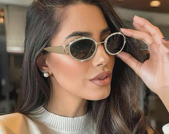 Rhinestone Oval Sunglasses | Glam Y2K Shades for Women | Concert & Vacation Fashion Glasses | Trendy Retro Sunglasses