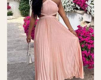 Watermelon Pink Pleated Maxi Dress | Halter Neck Cutout Vacation Dress | Elegant Birthday Dinner Dress | Wedding Guest Maxi Dress